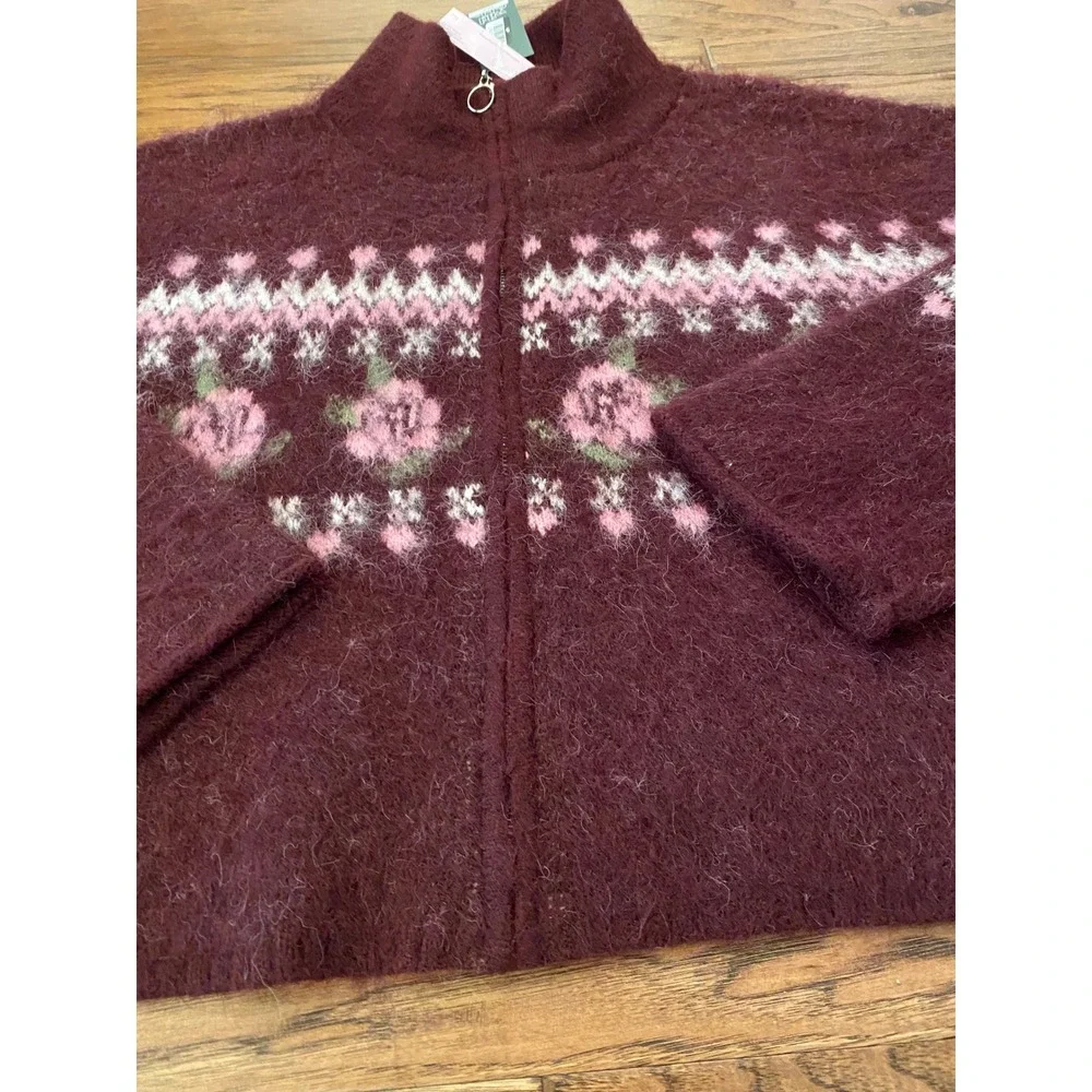 Wild Fable Burgundy Floral Fair Isle Zip Up Mock Neck Sweater XXL NWT